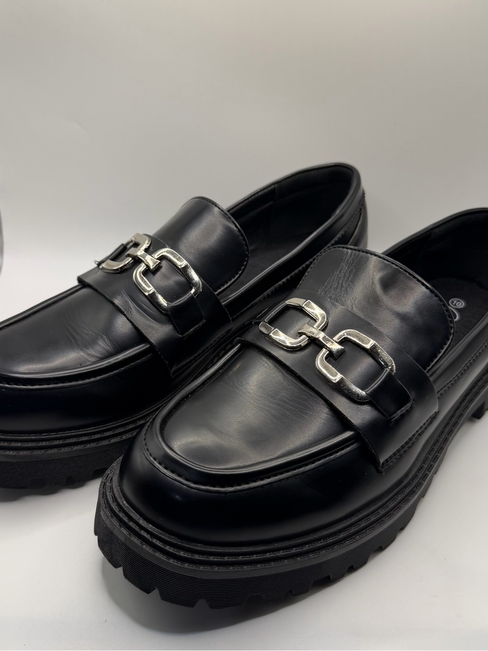 Women's Black Faux Leather Lug Sole Loafers with Silver Bit - Picture 1 of 9